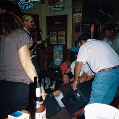 we were a little cramped up where the pool table normally goes, and people dancin ended up crashing into our monitors on the floor... SORRY!
